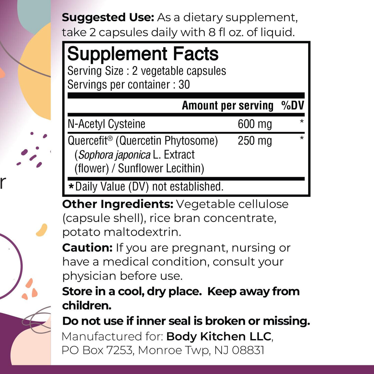 Body Kitchen Mega NAC 600mg N-Acétyl Cystéine Quercétine, capsules dans un flacon