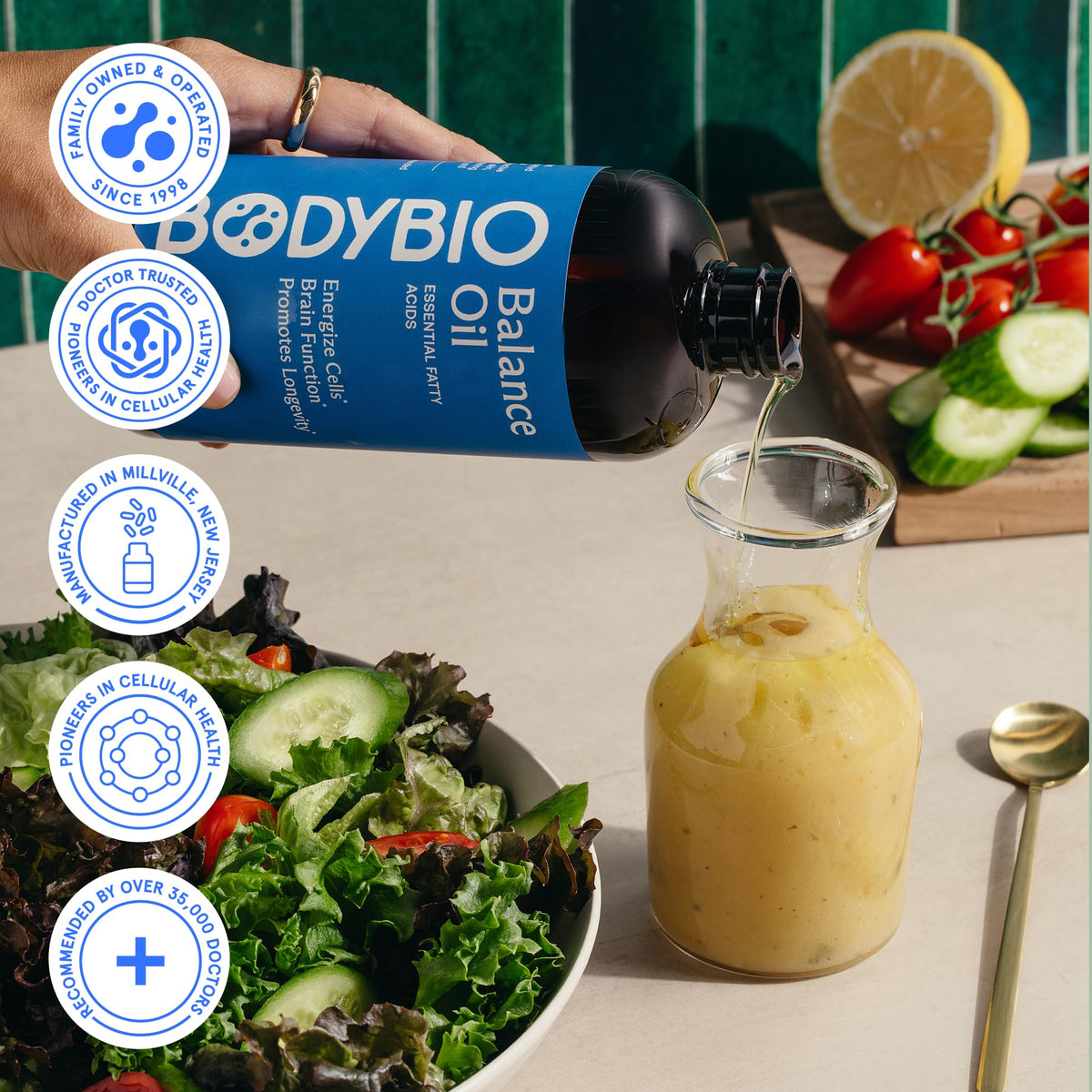 BodyBio Balance Oil avec légume frais pour salade