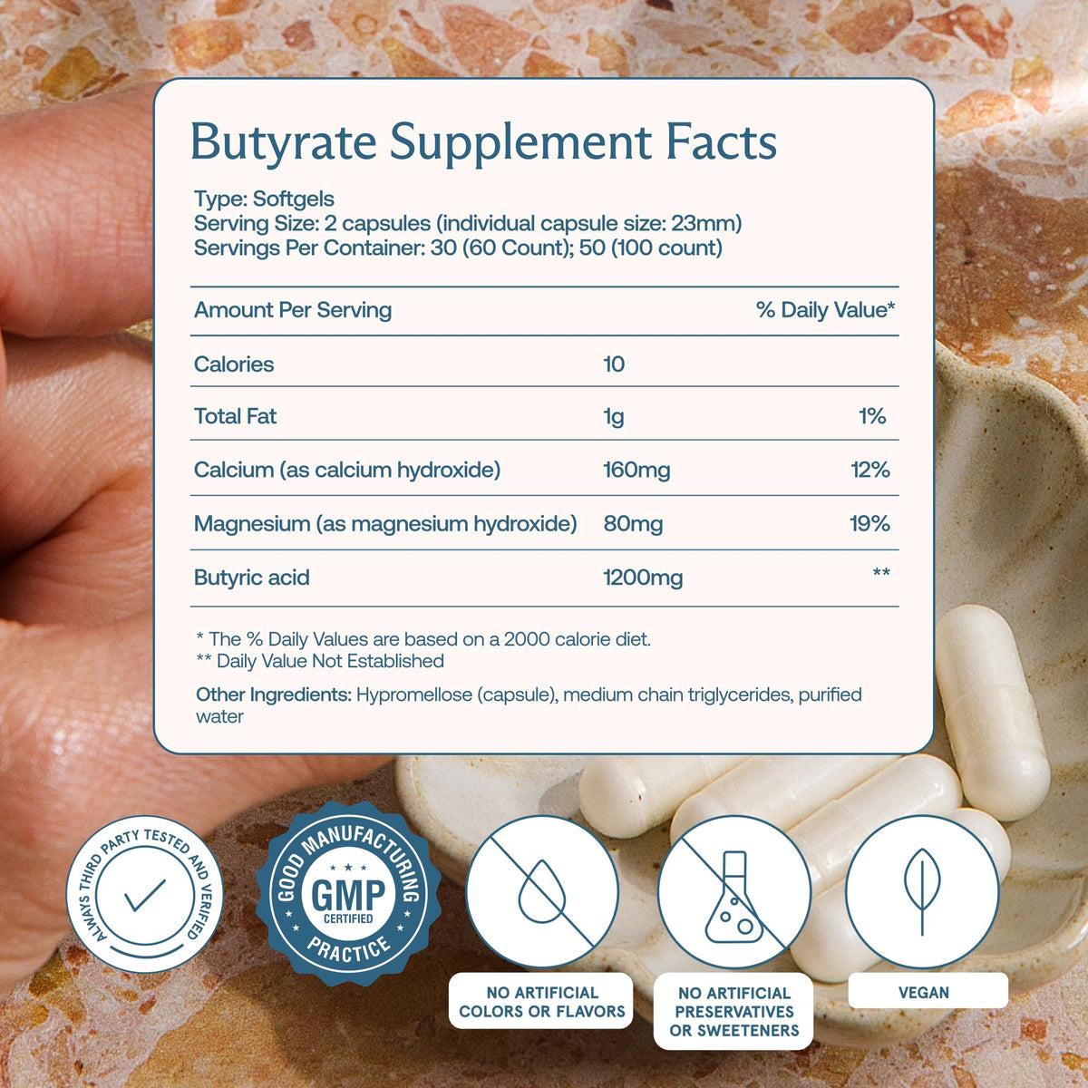 BodyBio Butyrate Calcium Magnesium 120g - capsules végétales à l'intérieur