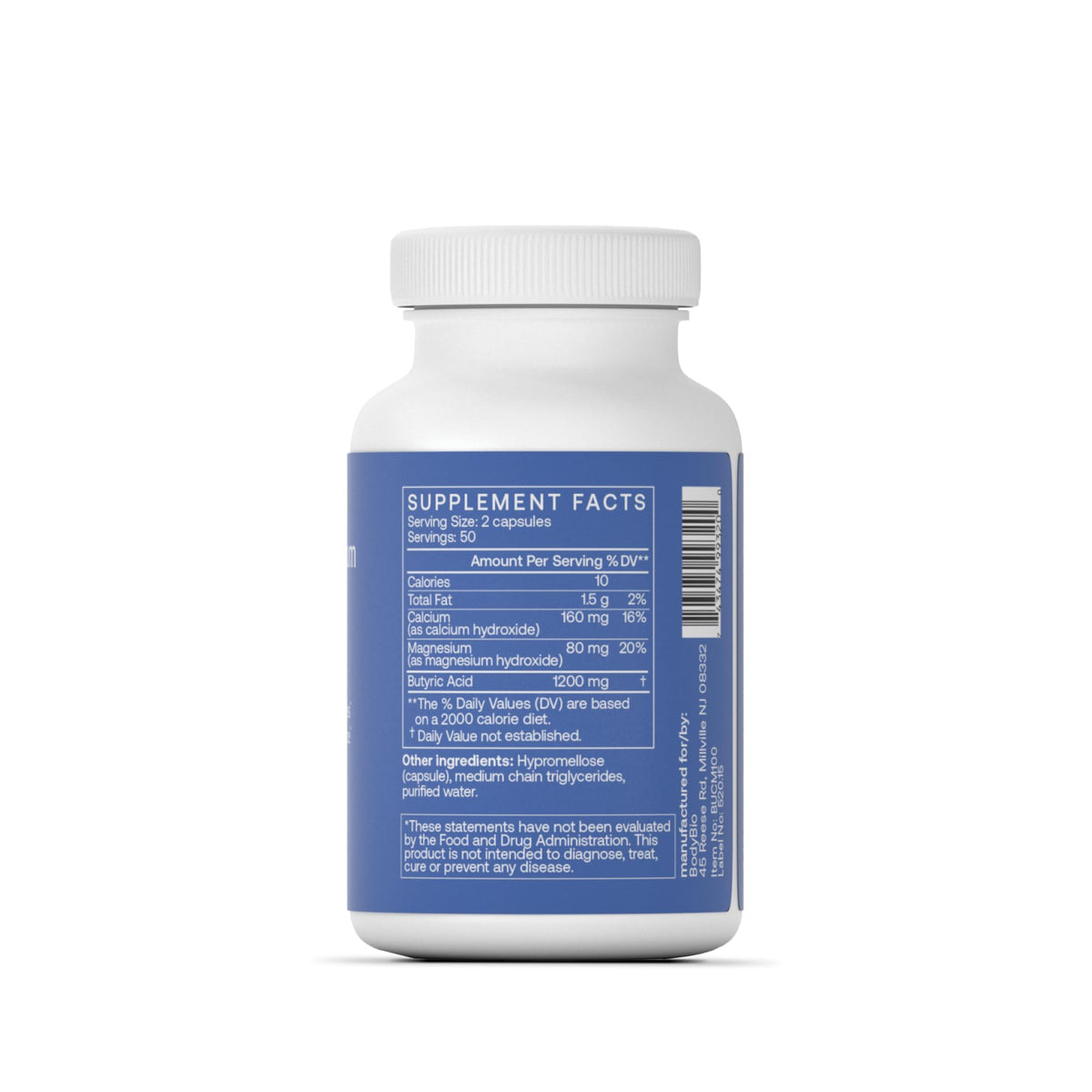 BodyBio Butyrate Calcium Magnesium 120g - vue arrière de l'emballage