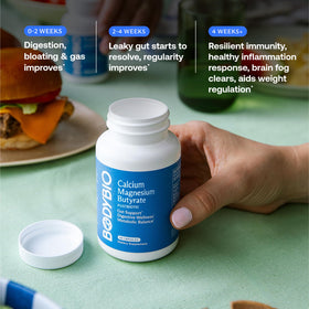 BodyBio Butyrate Calcium Magnesium 120g - vue de côté de l'emballage