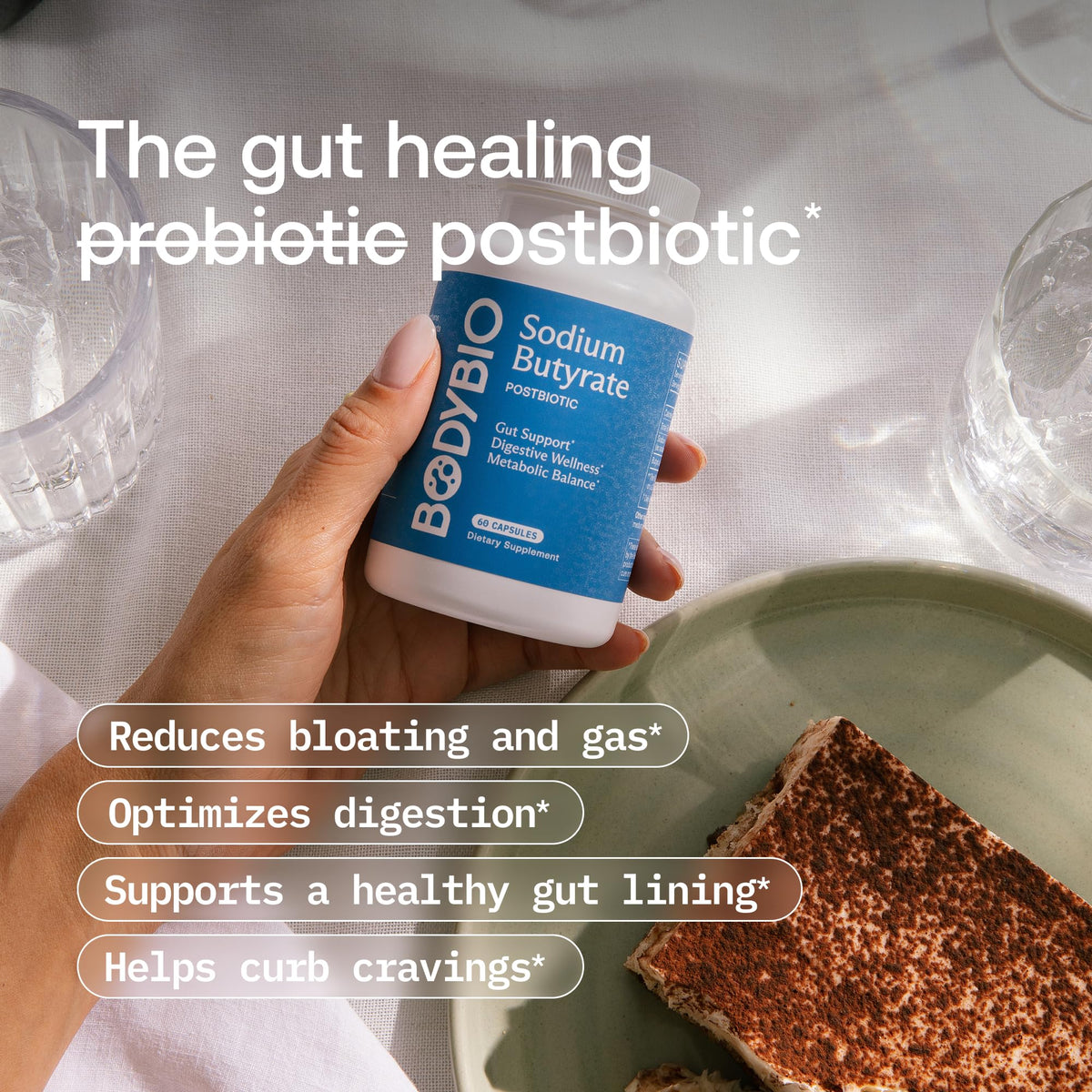 BodyBio Butyrate Sodium 118g capsules sur une table