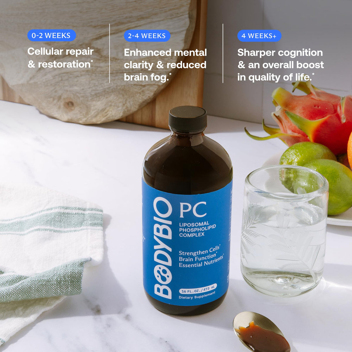 BodyBio PC 472g capsules sur une cuillère en bois