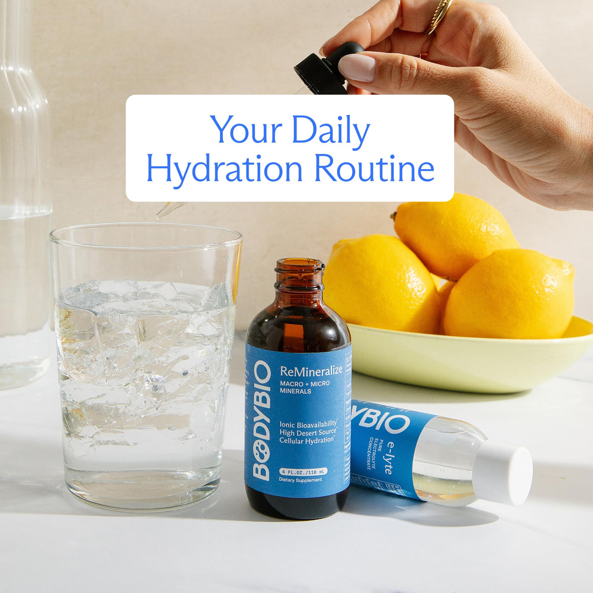 BodyBio ReMineralize avec une vue de la bouteille et du contenu