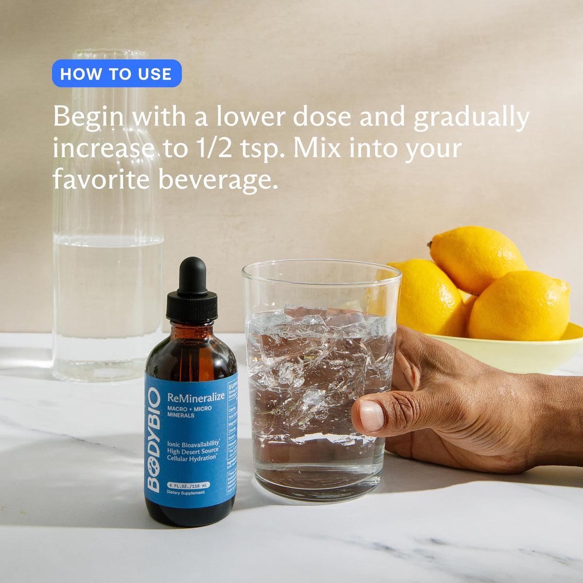 BodyBio ReMineralize en gros plan sur le flacon