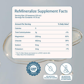 BodyBio ReMineralize produit sur une table avec verre d'eau
