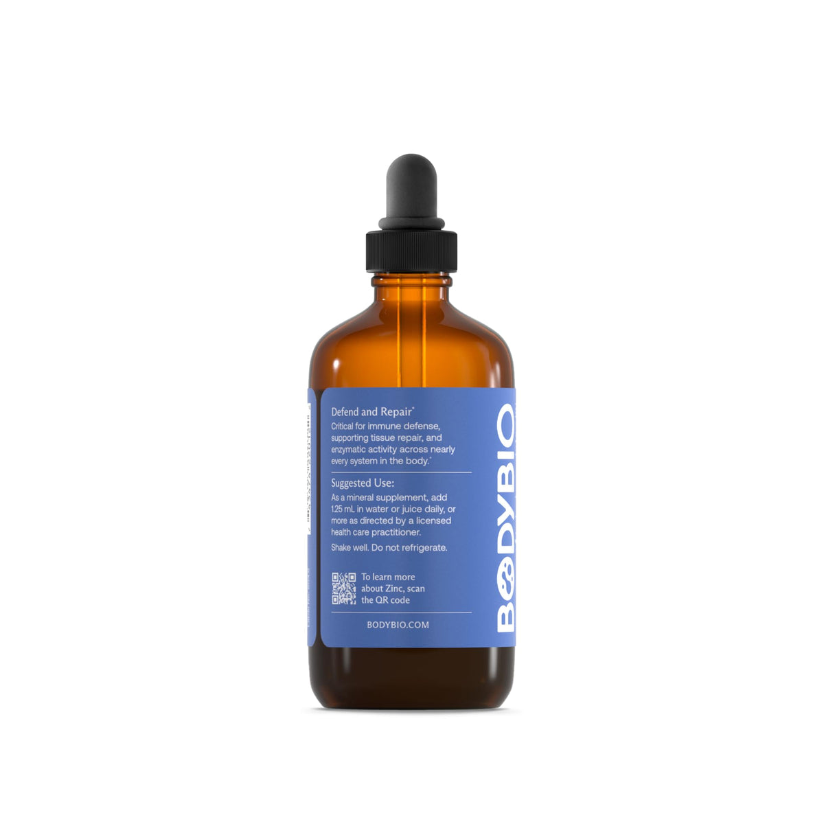 BodyBio Zinc Liquide 82g bouteille ouverte avec dose