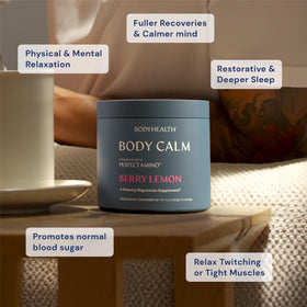 BodyHealth Body Calm Poudre de Magnésium 272g en préparation dans un verre d'eau