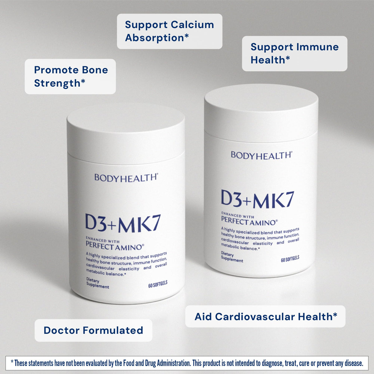 BodyHealth D3 + MK7 gélules sur fond blanc