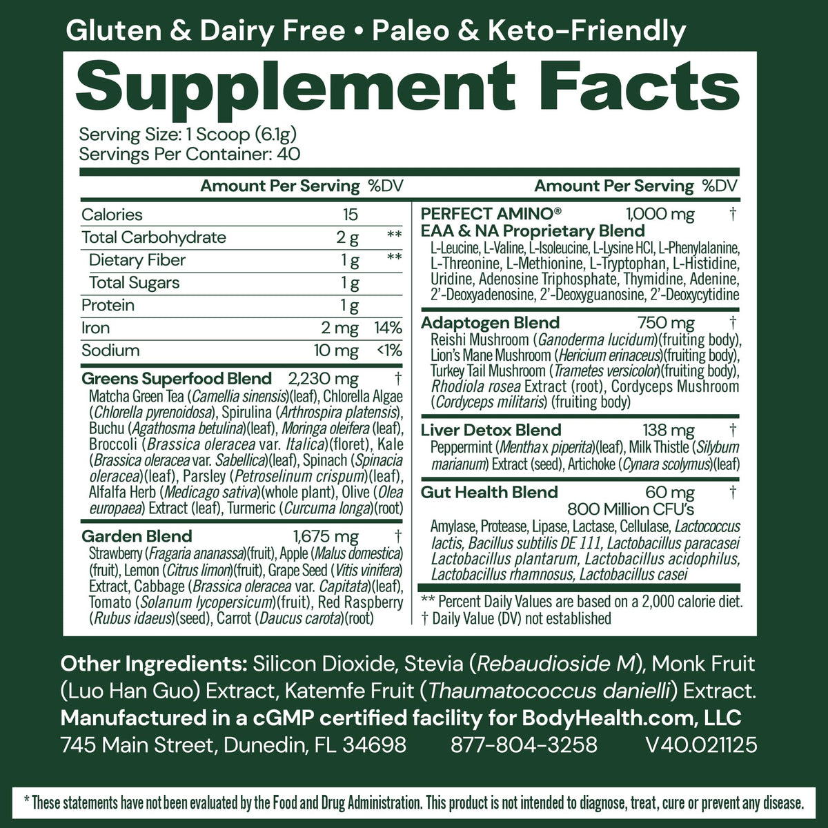 BodyHealth Greens Poudre Superaliment au Goût Pomme Verte 325g avec cuillère
