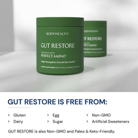 BodyHealth Gut Restore en poudre sur une cuillère, prise quotidienne