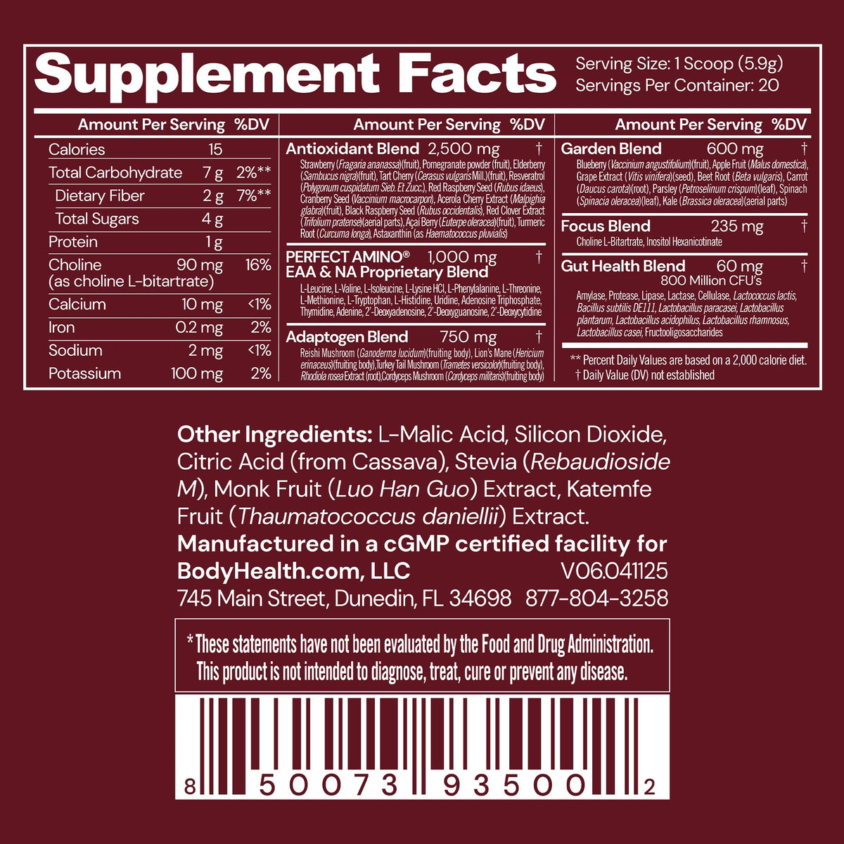 BodyHealth Perfect Reds 231g mélange de baies en poudre vue de près