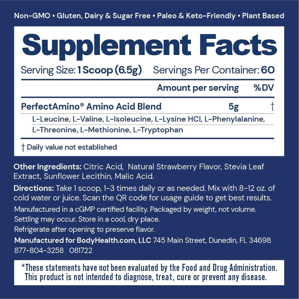 BodyHealth PerfectAmino Poudre 490g affichage des ingrédients sur l'étiquette