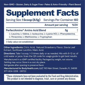BodyHealth PerfectAmino Poudre 490g affichage des ingrédients sur l'étiquette
