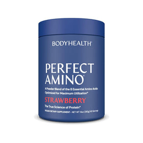 BodyHealth PerfectAmino Poudre 490g vue avant avec étiquette fraise