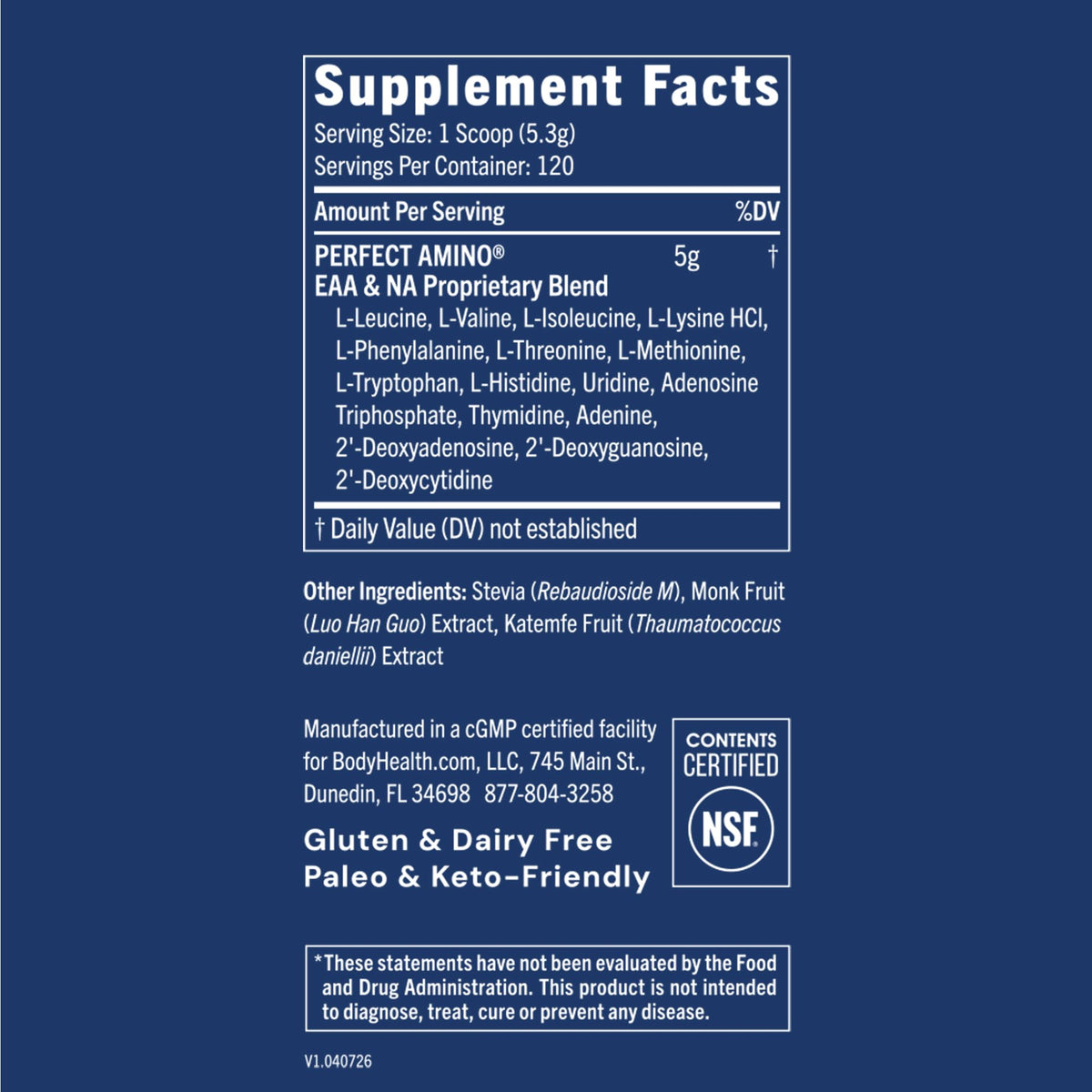 BodyHealth PerfectAmino Poudre BCAA et EAA 780g vue arrière