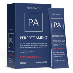 BodyHealth PerfectAmino Poudre en sachets, vue avant avec étiquette de fraise