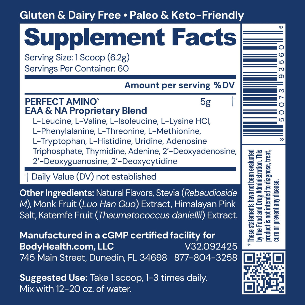 BodyHealth PerfectAmino Poudre vanille étiquette et informations nutritionnelles