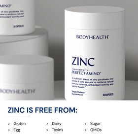 BodyHealth Zinc 30mg capsules on a wooden table