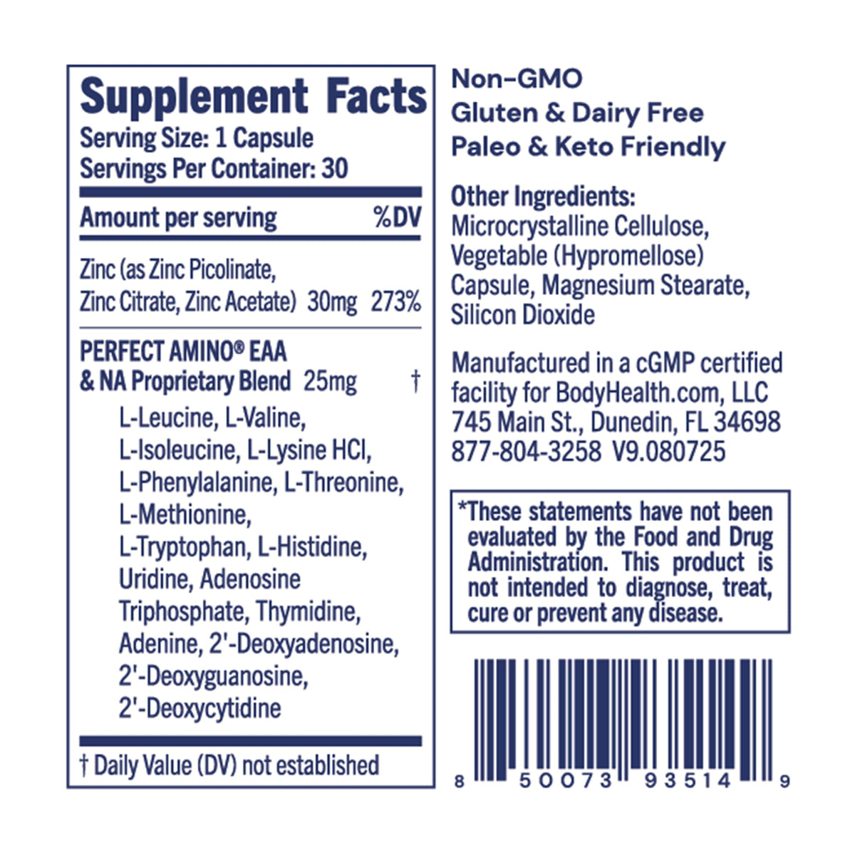 BodyHealth Zinc 30mg capsules with a measuring spoon