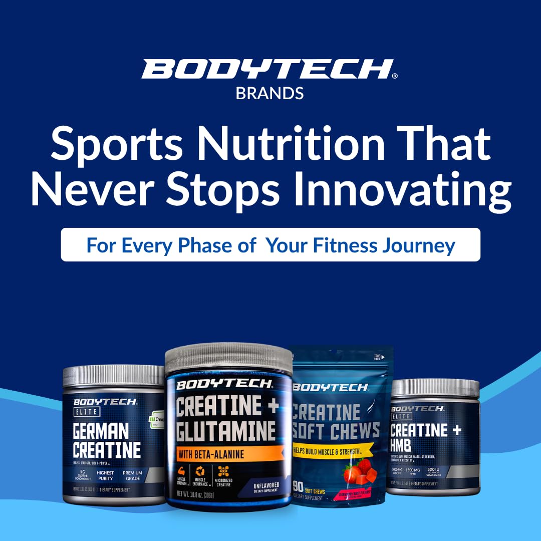 BodyTech Poudre de Créatine + Glutamine 10,8 oz, sur une table avec d'autres compléments