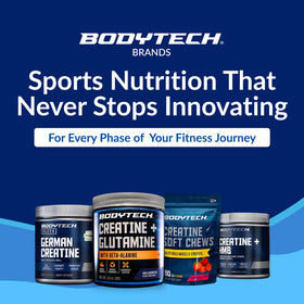 BodyTech Poudre de Créatine + Glutamine 10,8 oz, sur une table avec d'autres compléments