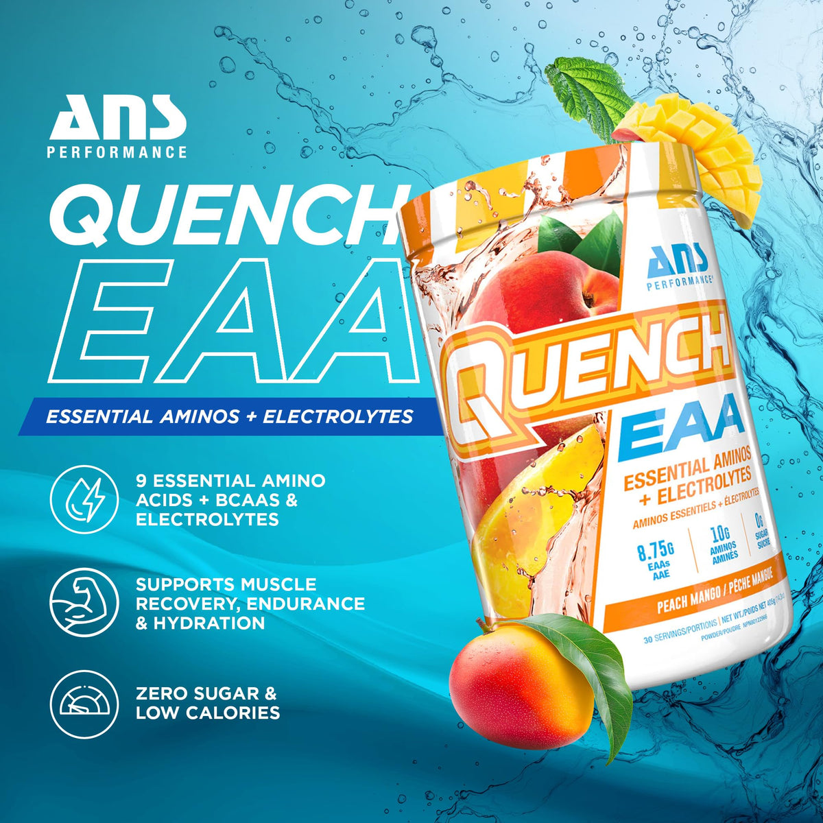 Boisson ANS Performance Quench EAA 470g dans un verre avec de l'eau