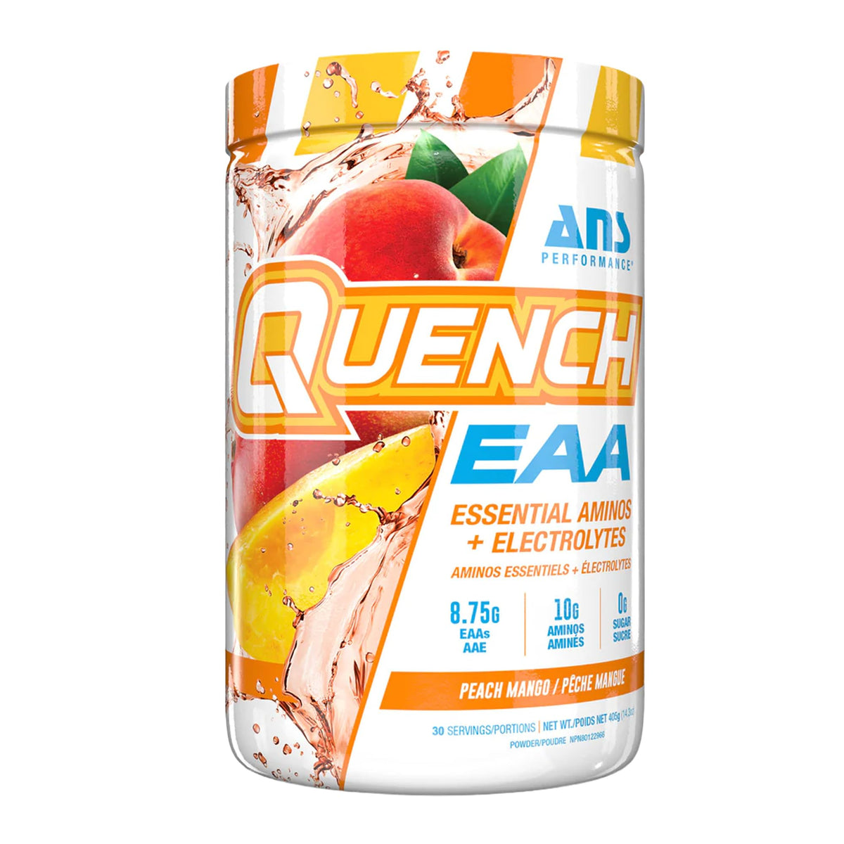 Boisson ANS Performance Quench EAA 470g vue de face avec étiquette pêche mangue