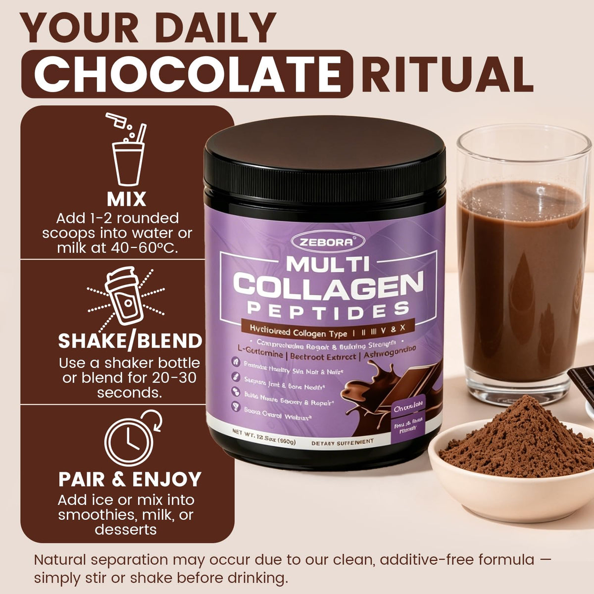 Boisson chocolatée avec poudre de collagène ZEBORA