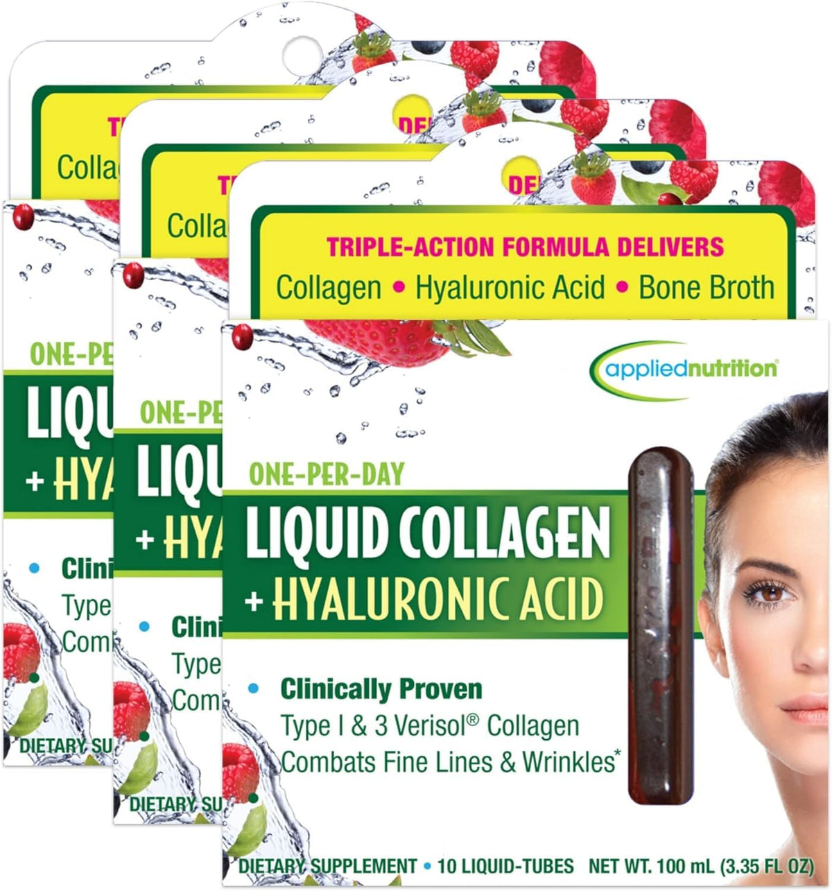 Boisson de collagène liquide Applied Nutrition en tubes, vue de face