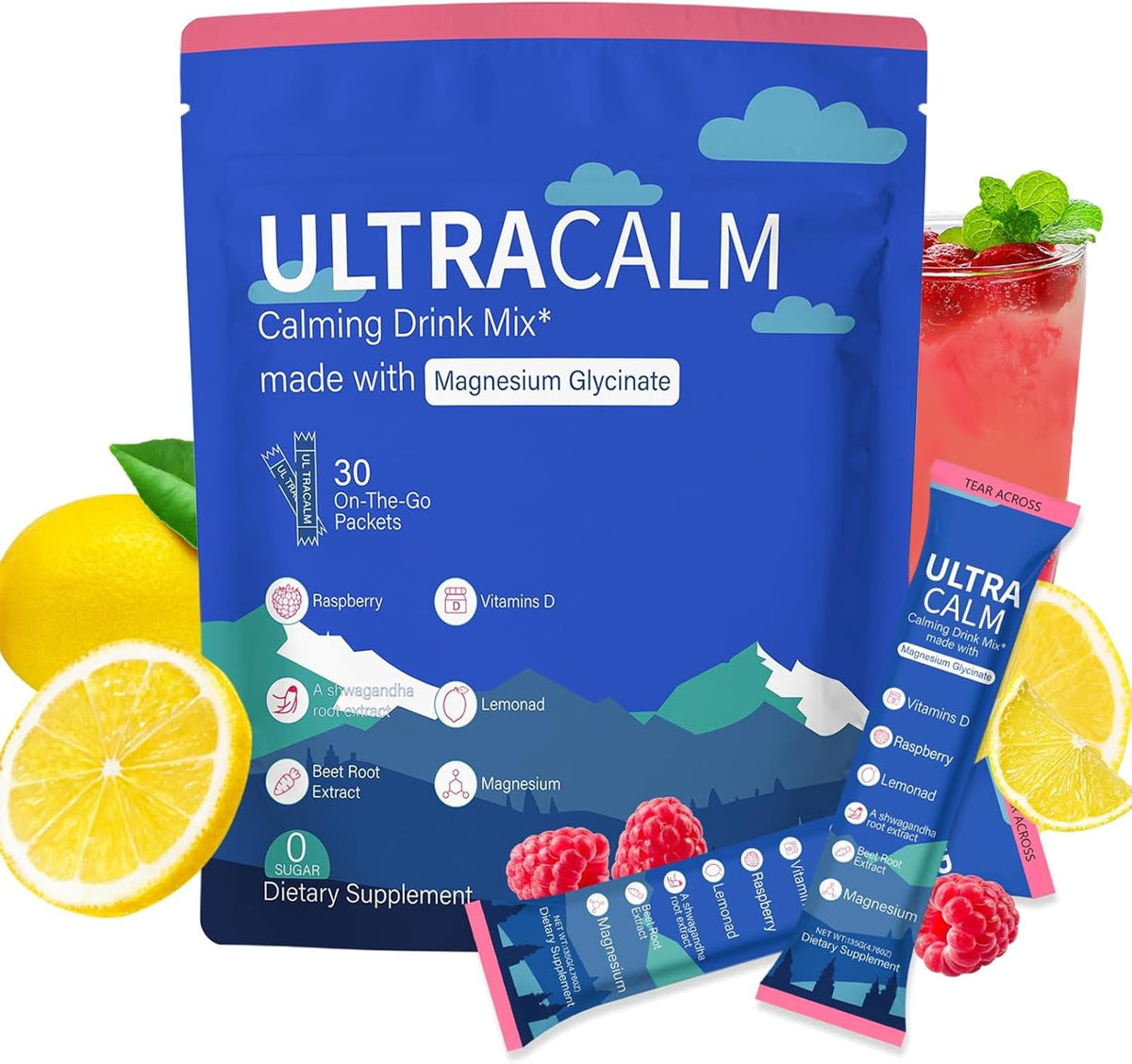 Boisson en poudre EWJHJ UltraCalm saveur framboise citron en sachet