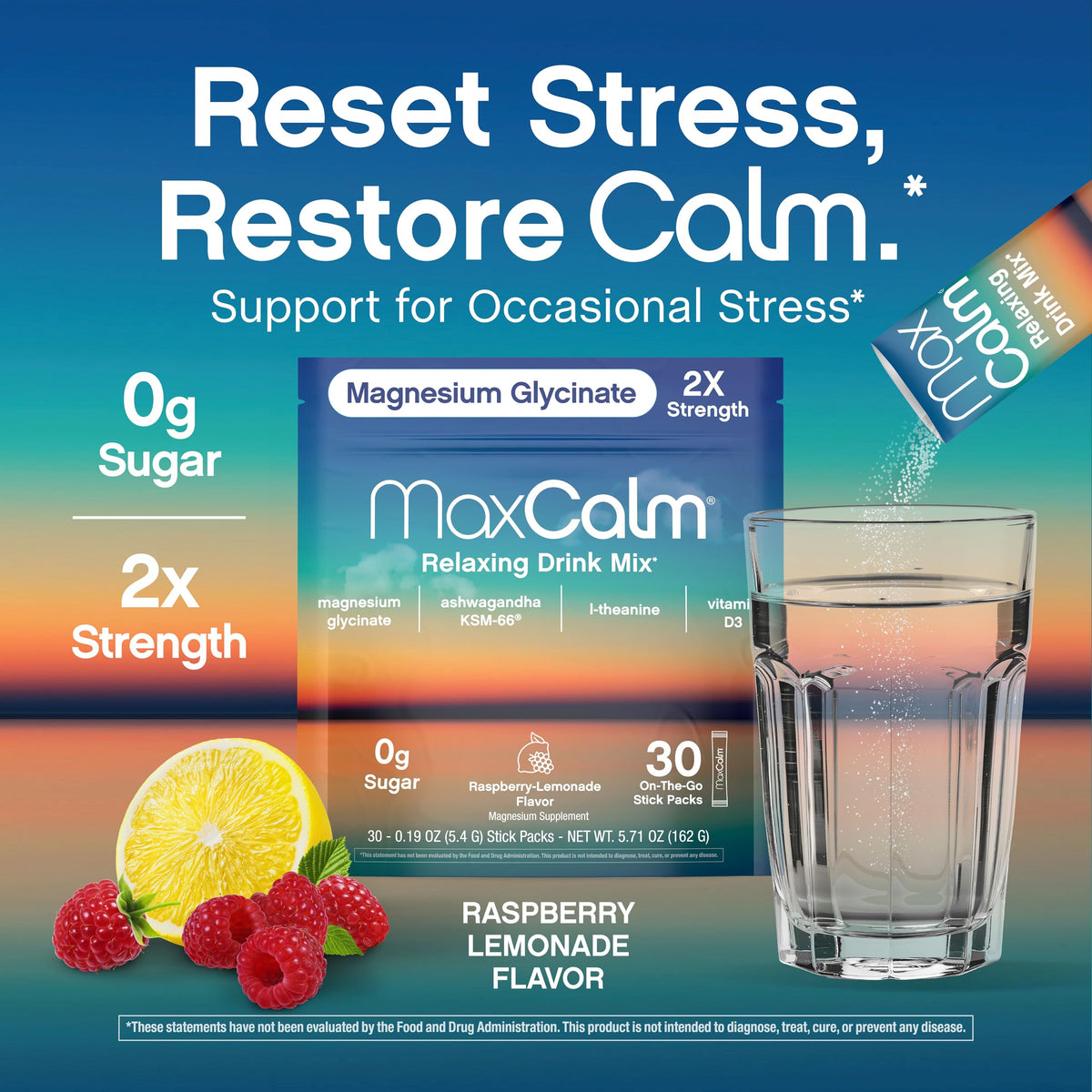 Boisson Max Calm dissoute dans un verre d'eau