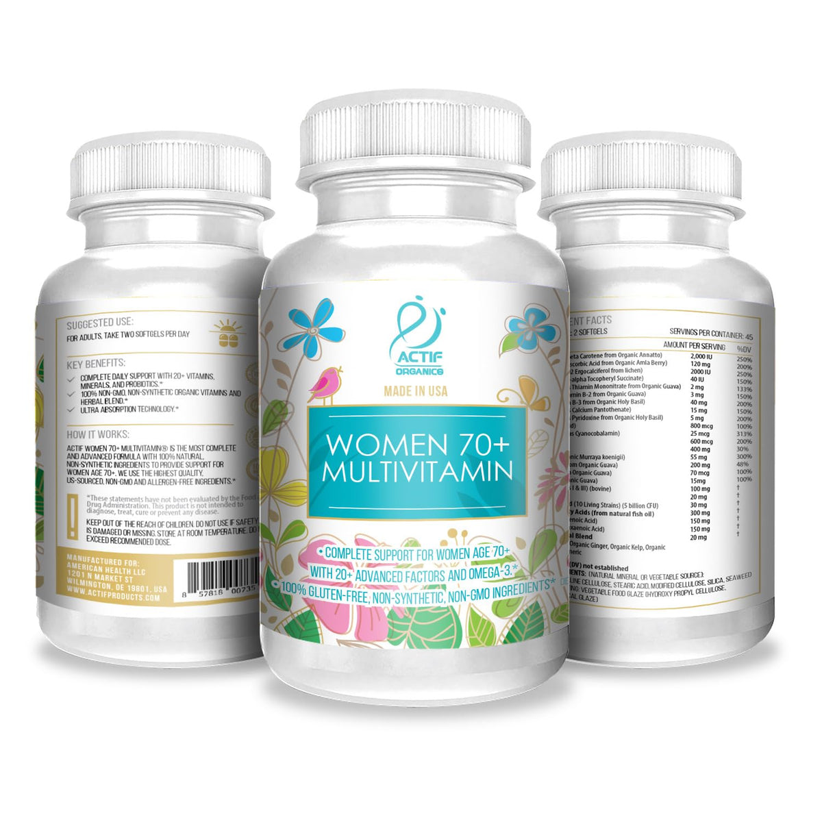 Boîte d'ACTIF Multivitamines Bio pour femmes 70+, vue arrière
