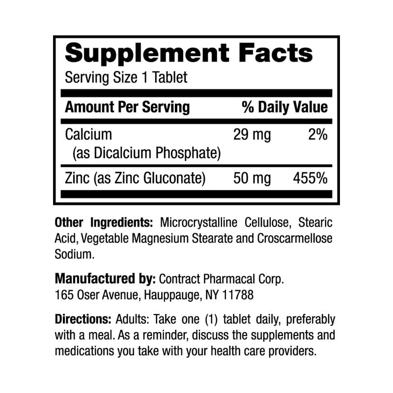 Boîte d'Earth's Splendor Zinc 50 mg avec informations nutritionnelles