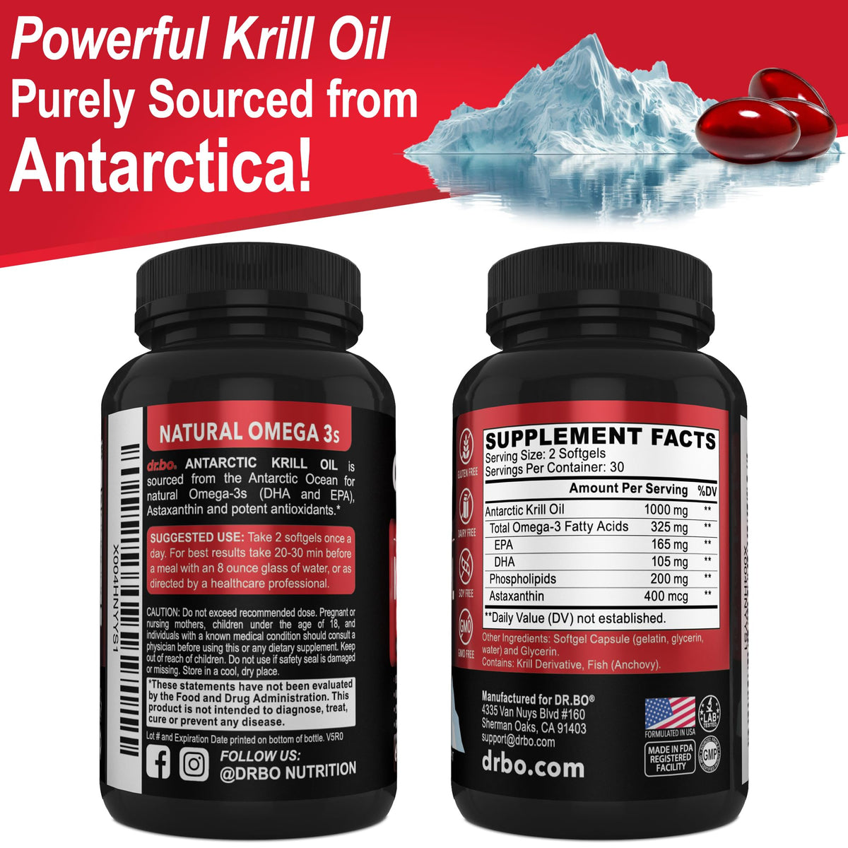Boîte d'huile de krill DR. BO avec une étiquette claire