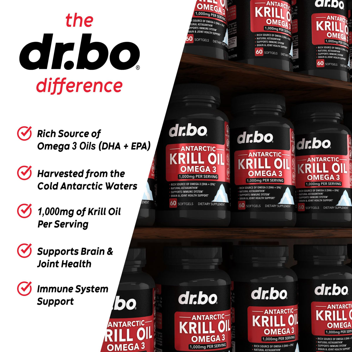 Boîte d'huile de krill DR. BO montrant le dosage de 1000mg