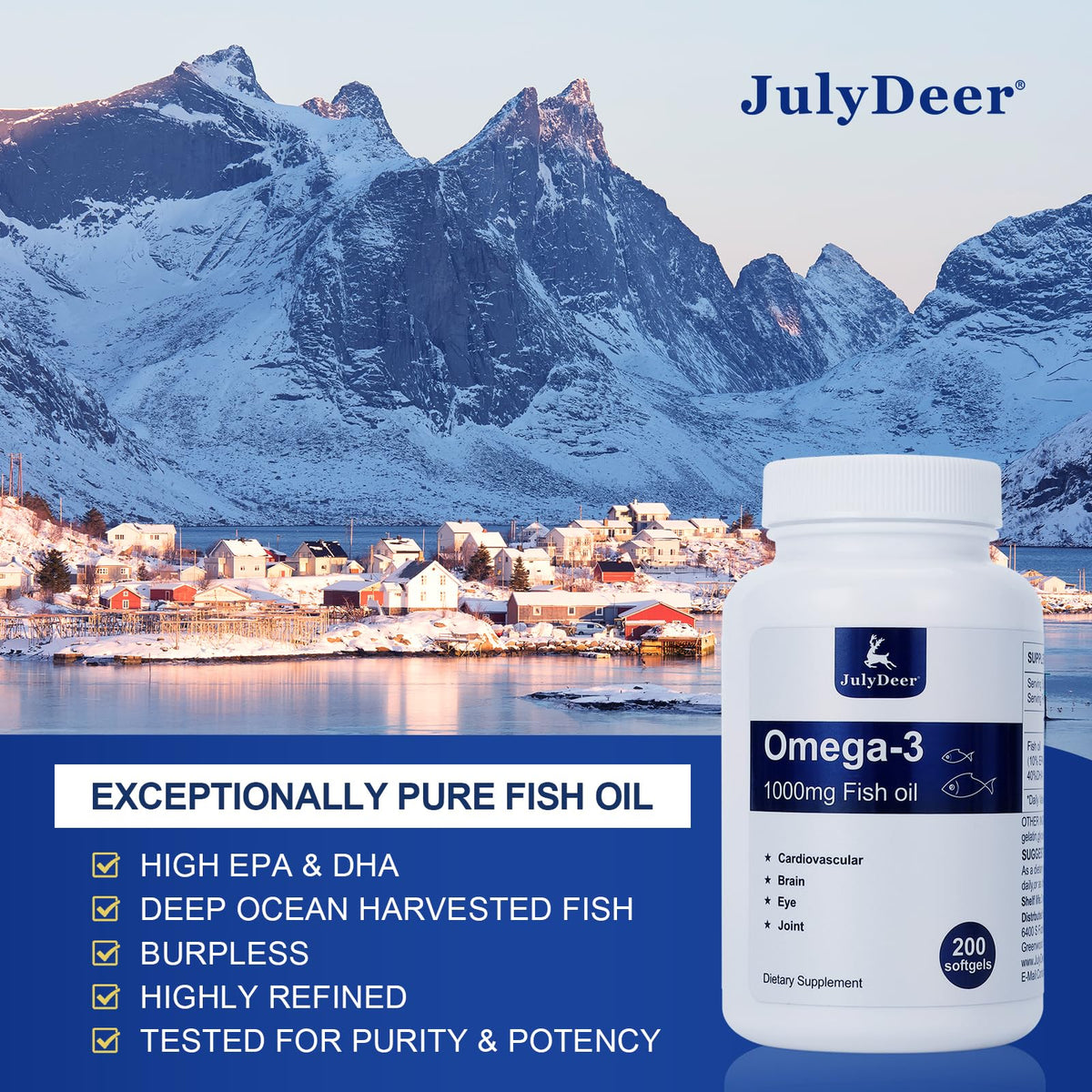 Boîte d'huile de poisson Omega 3 1000 mg de JulyDeer, vue latérale