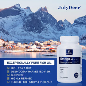 Boîte d'huile de poisson Omega 3 1000 mg de JulyDeer, vue latérale
