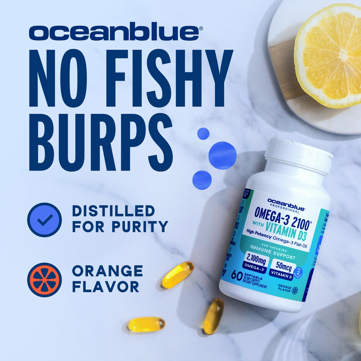 Boîte d'Oceanblue Omega-3 2100 avec Vitamine D3 ouverte