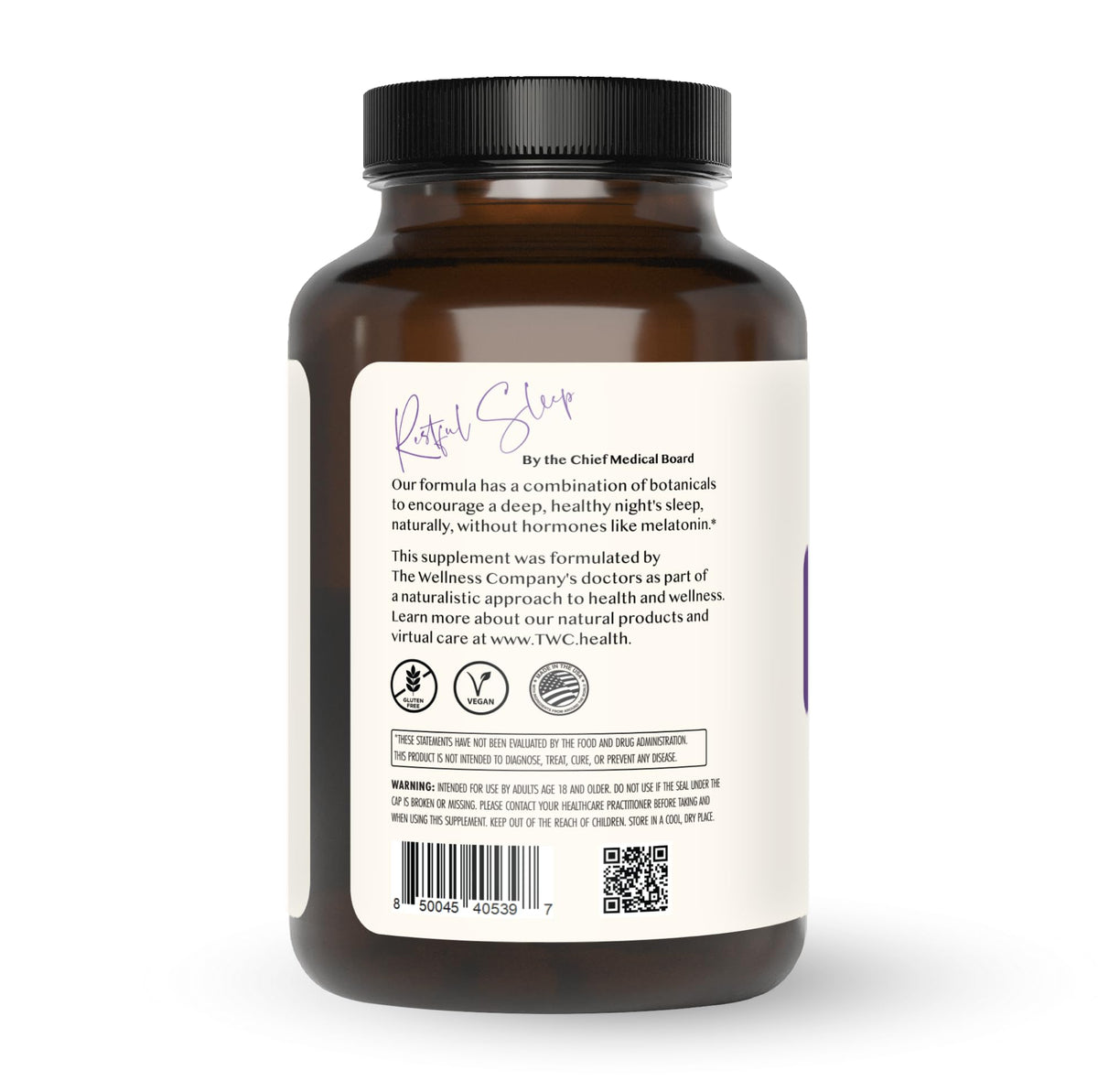 Boîte de 120 capsules de sommeil The Wellness Company, détails des ingrédients