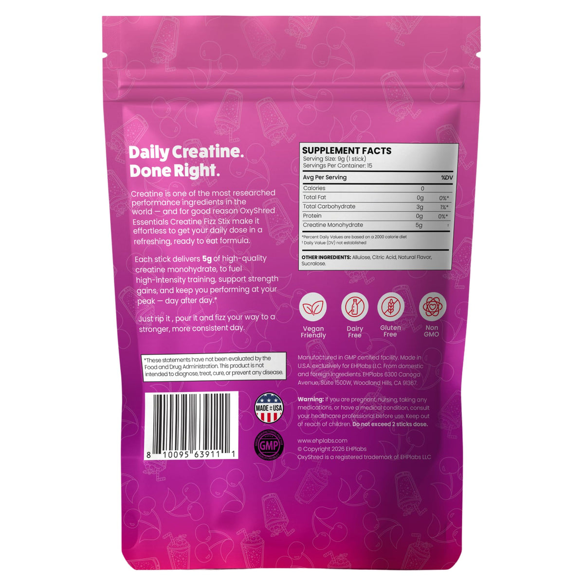 Boîte de 15 sticks de créatine monohydrate EHP Labs