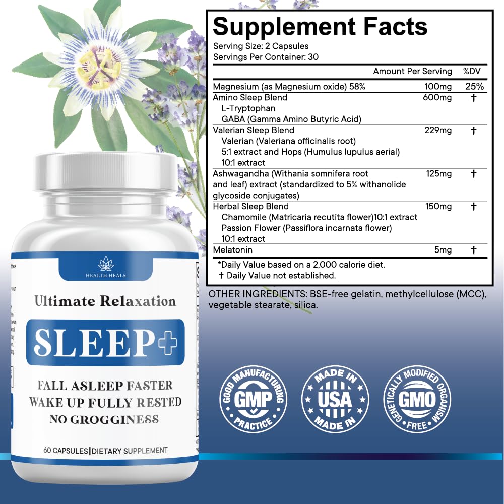Boîte de 180 capsules de sommeil Health Heals avec ingrédients listés
