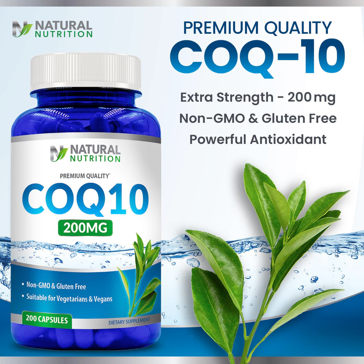 Boîte de 200 capsules CoQ10 200mg sur fond blanc