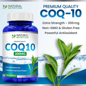 Boîte de 200 capsules CoQ10 200mg sur fond blanc