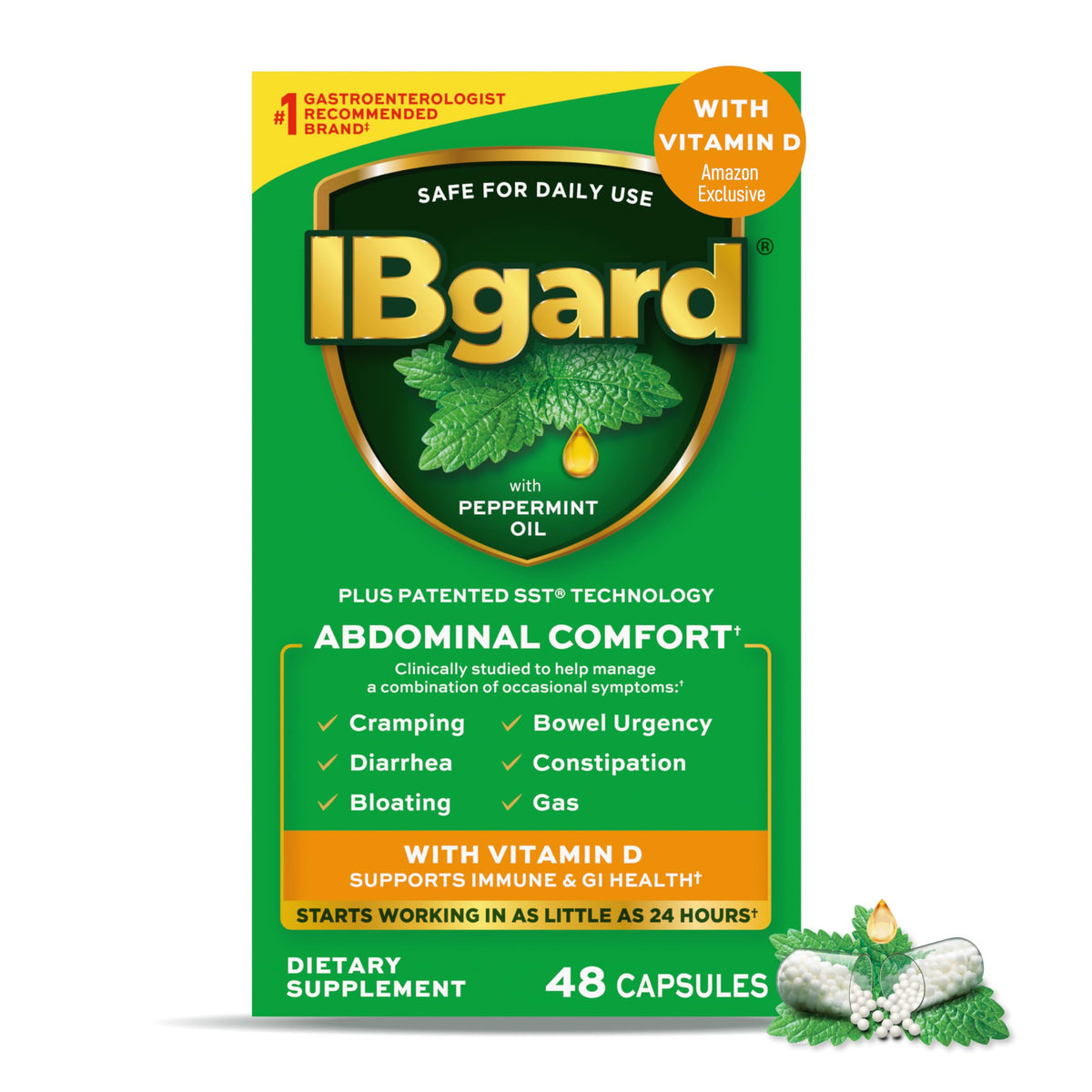 Boîte de 48 capsules IBgard avec huile de menthe poivrée et vitamine D