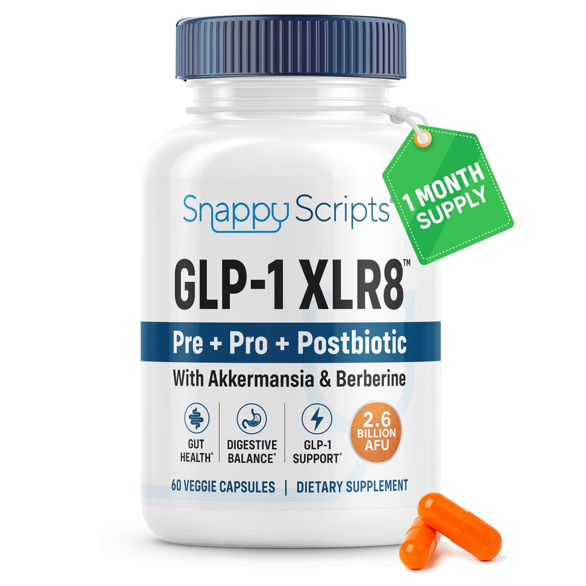 Boîte de 60 capsules de complément alimentaire GLP-1 Snappy Scripts