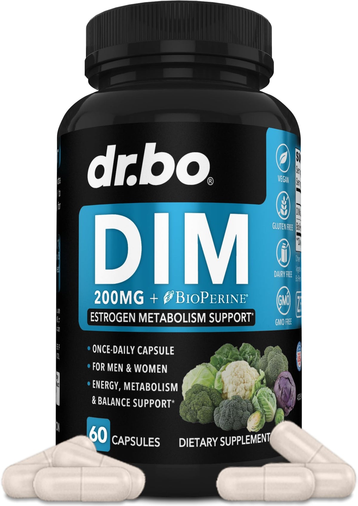 Boîte de 60 capsules de DR. BO Complément DIM 200mg