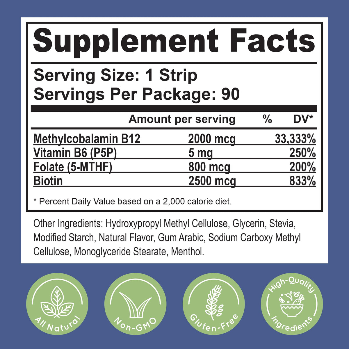 Boîte de bandes de vitamine B12 Methylcobalamin avec informations nutritionnelles