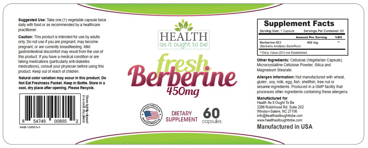 Boîte de Berbérine 450mg montrant les informations nutritionnelles