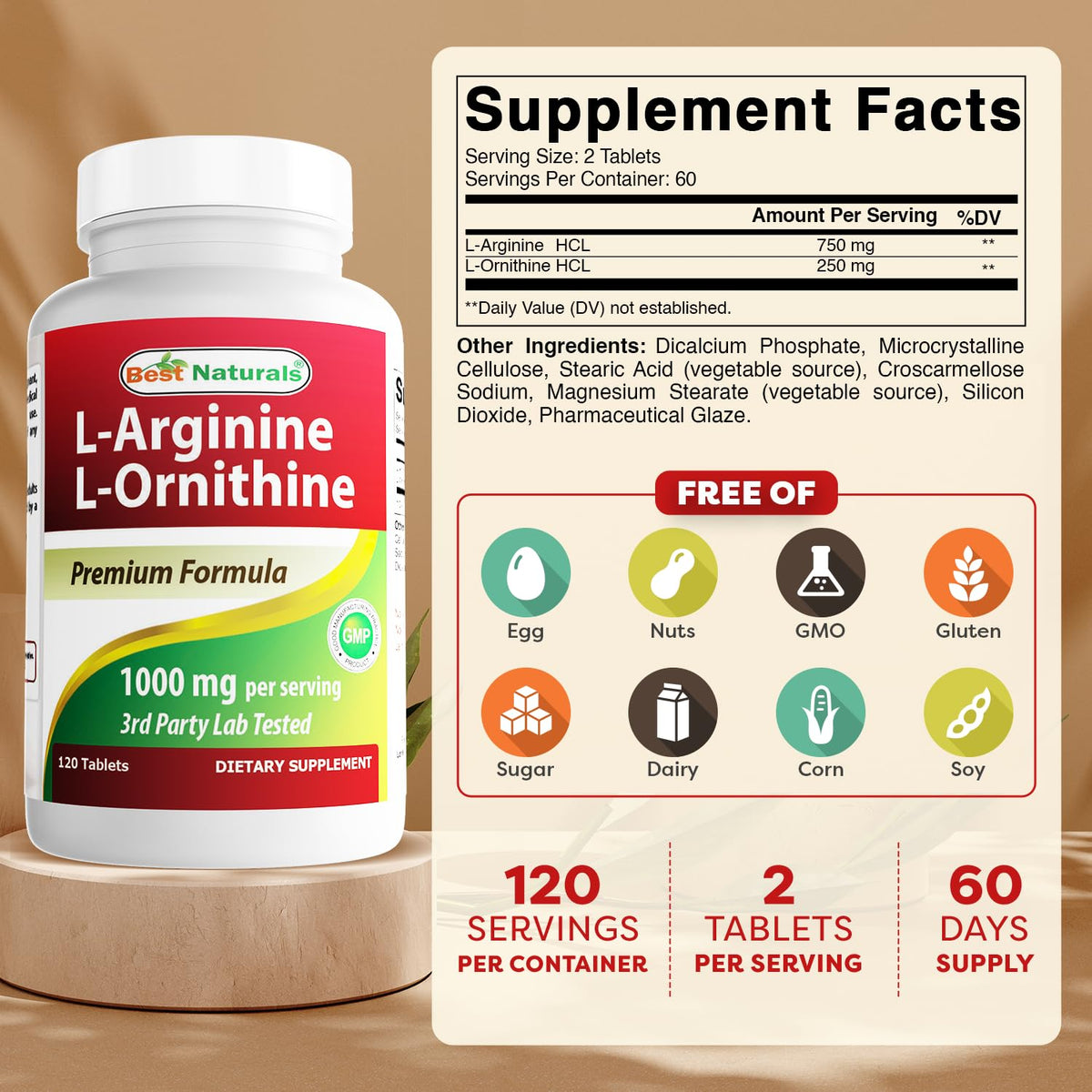 Boîte de Best Naturals L-Arginine L-Ornithine avec 120 comprimés